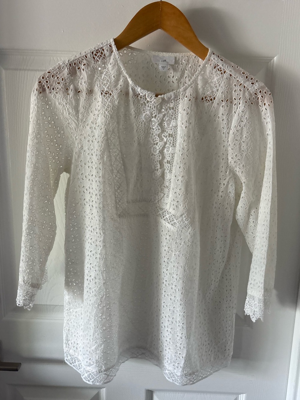 J. Jill White Eyelet Lace Split-Neck Tunic Blouse Size S